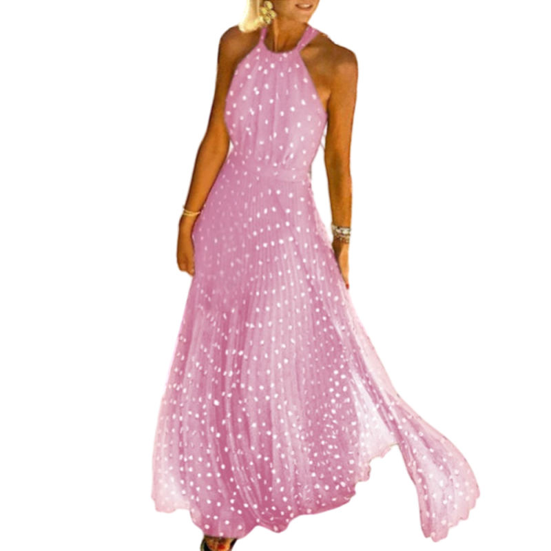 Pink  Polka Dot Sleeveless Chiffon Maxi Dress