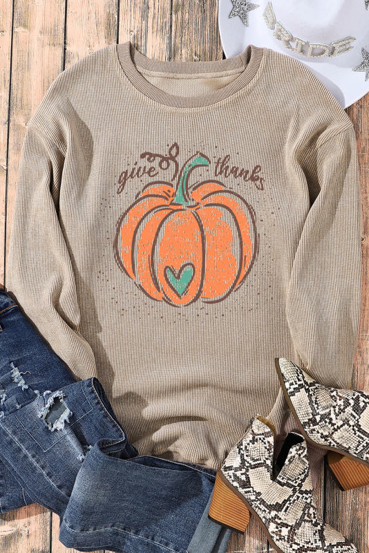 Khaki Give Thanks Pumpkin Graphic Corded Sweatshirt