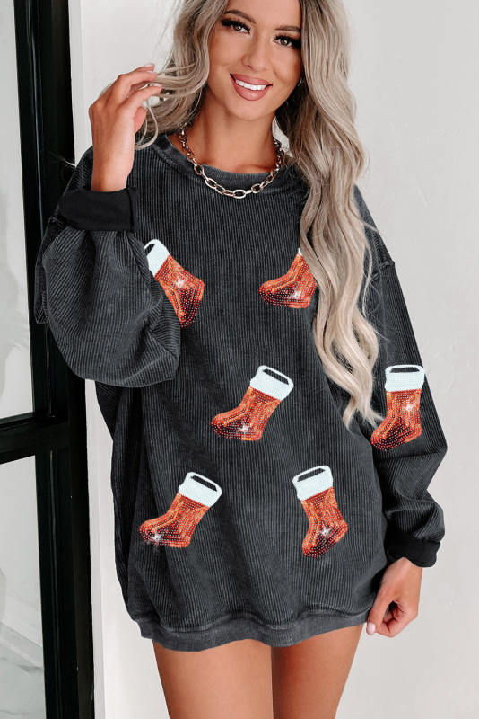 Black Christmas Boots Shining Graphic Corded Sweatshirt