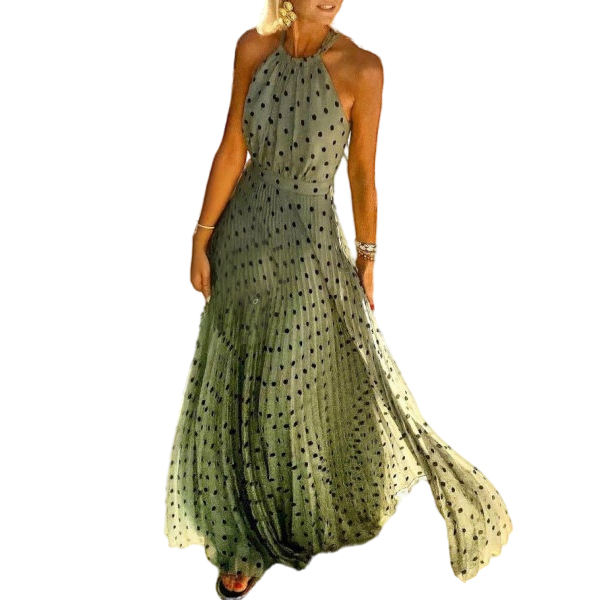 Green Polka Dot Sleeveless Chiffon Maxi Dress