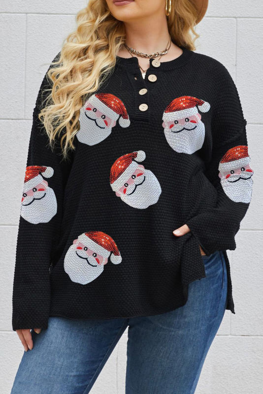 Black Plus Size Santa Clause Henley Sweater