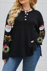 Black Plus Size Sequin Christmas Element Sleeve Henley Sweater