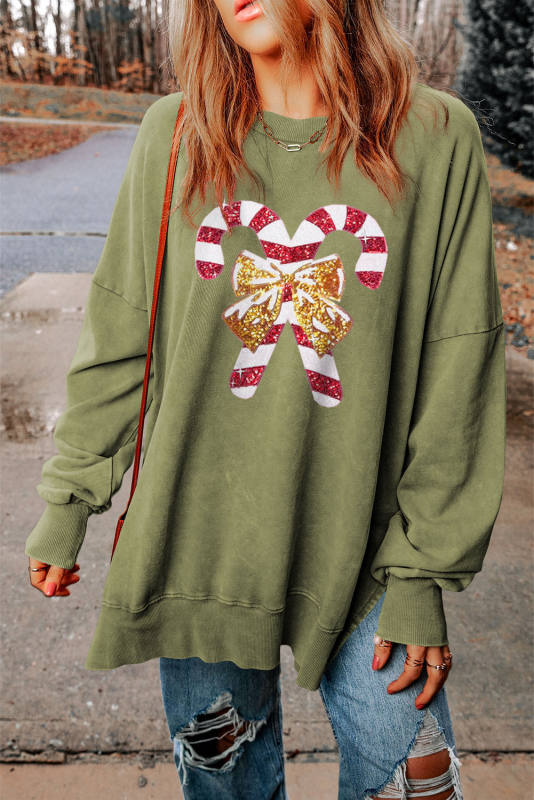 Green Christmas Cane Bow Knot Sequin Print Pullover Sweatshirt