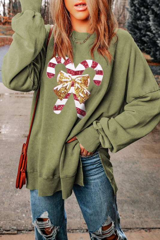 Green Christmas Cane Bow Knot Sequin Print Pullover Sweatshirt