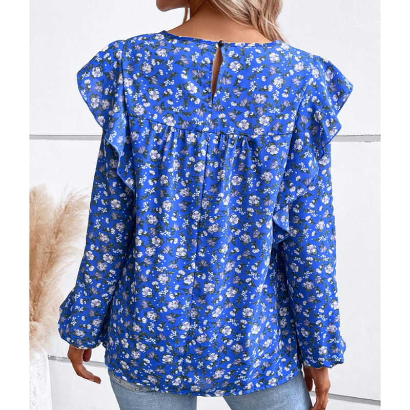Blue Floral Print Lace Insert Long Sleeve Blouse