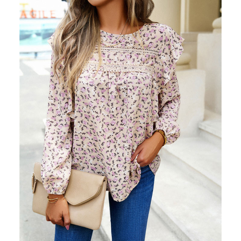 Khaki Floral Print Lace Insert Long Sleeve Blouse