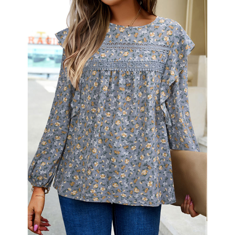 Grey Floral Print Lace Insert Long Sleeve Blouse