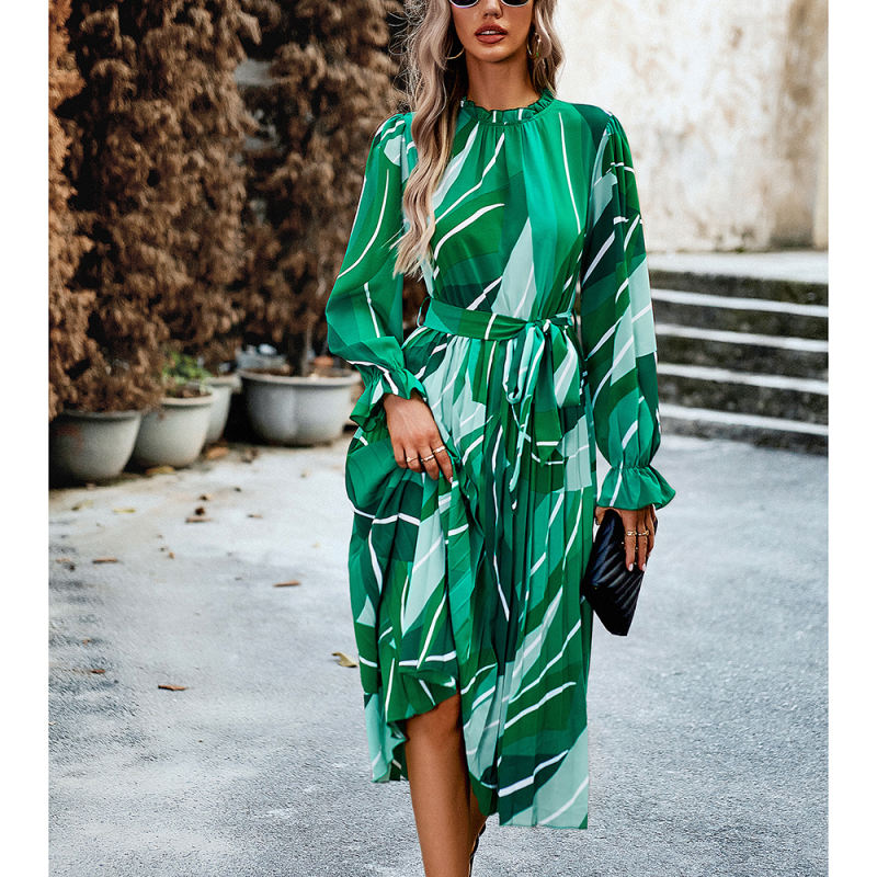 Green Abstract Print Frilled Neck Long Sleeve Dress