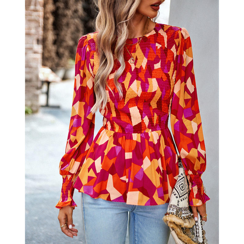 Red Abstract Print Smocked Bust Peplum Blouse