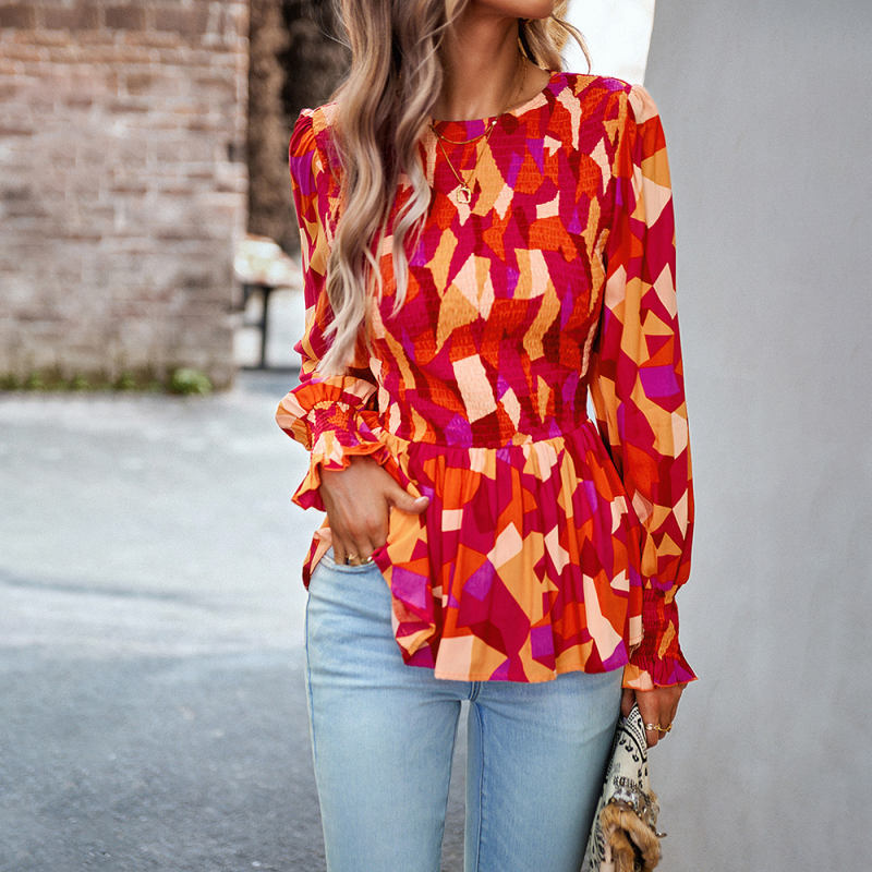 Red Abstract Print Smocked Bust Peplum Blouse