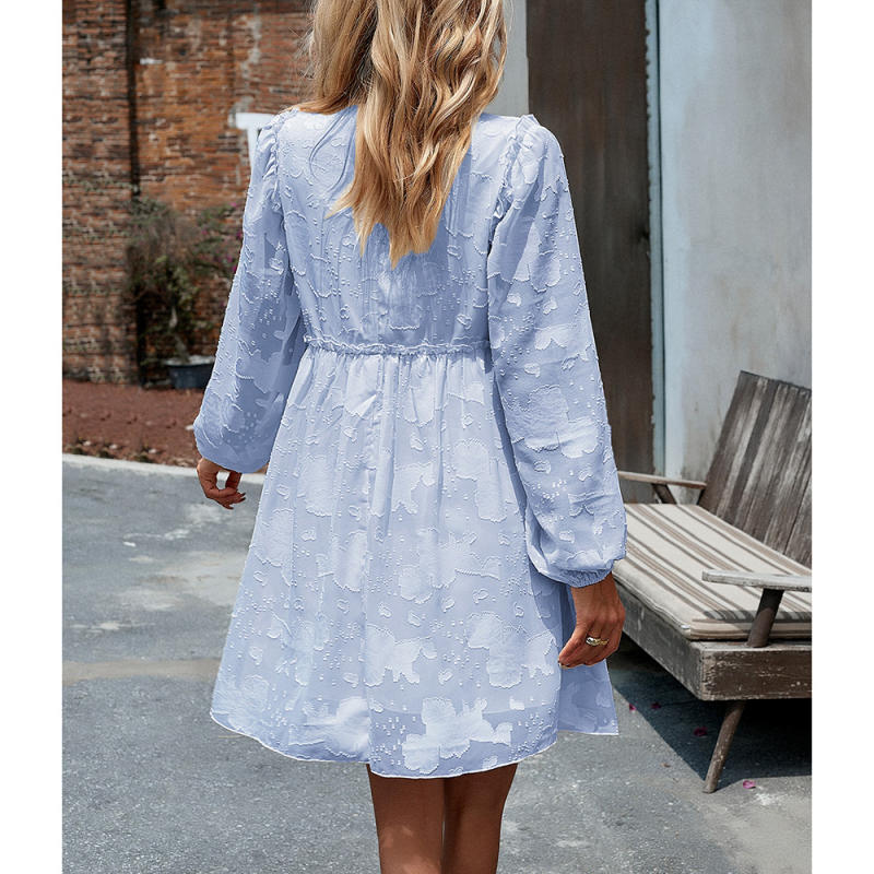 Light Blue Jacquard Puff Sleeve Mini Dress