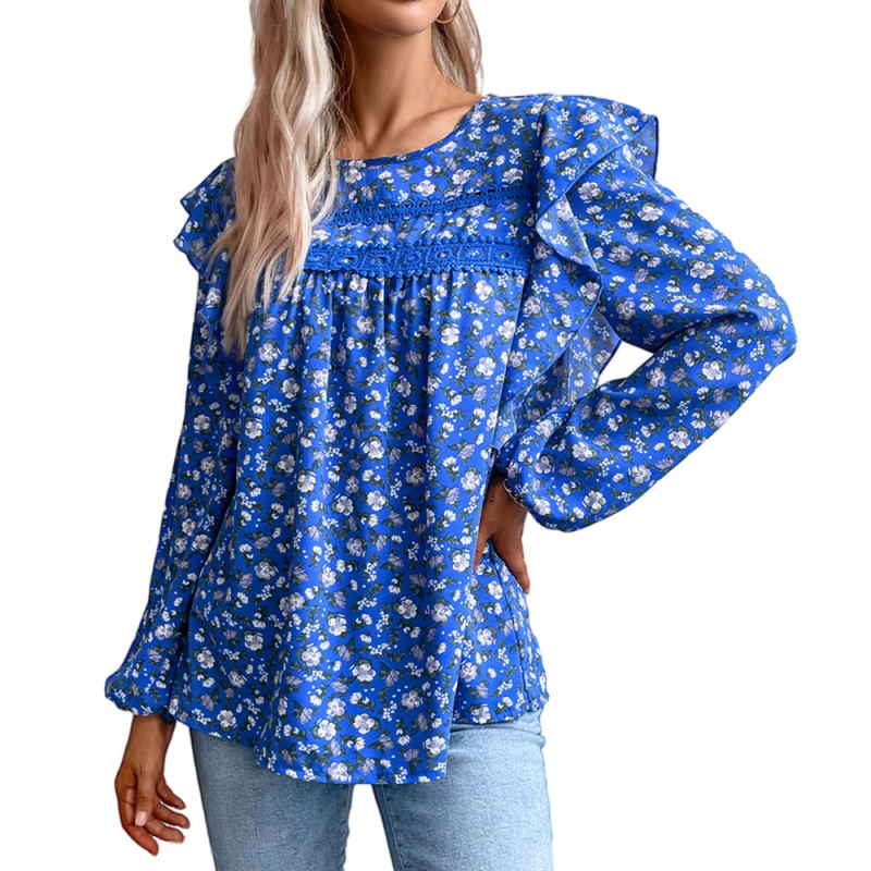 Blue Floral Print Lace Insert Long Sleeve Blouse