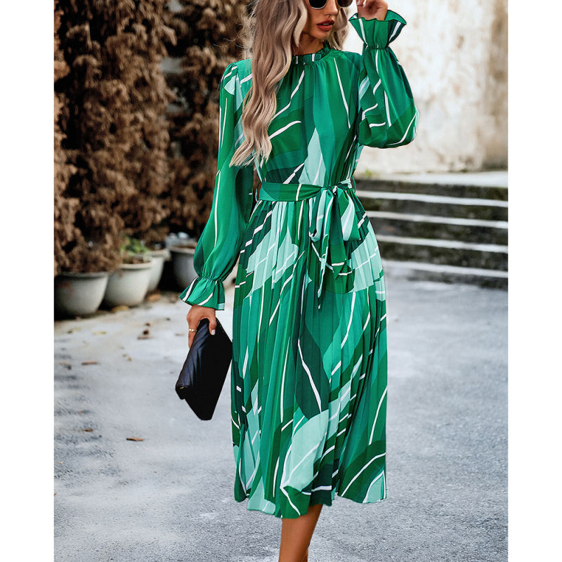 Green Abstract Print Frilled Neck Long Sleeve Dress