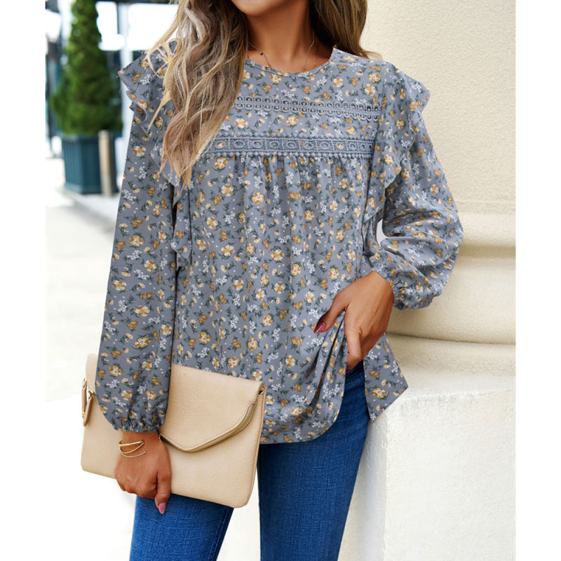 Grey Floral Print Lace Insert Long Sleeve Blouse