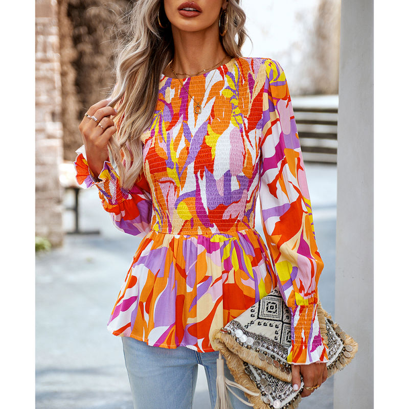 Multicolor Abstract Print Smocked Bust Peplum Blouse