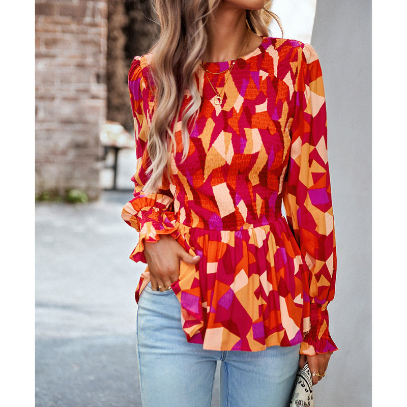 Red Abstract Print Smocked Bust Peplum Blouse