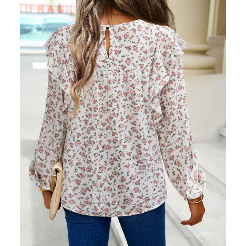 White Floral Print Lace Insert Long Sleeve Blouse