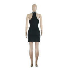 Black Tasseled Rhinestone Halter Club Bodycon Dress