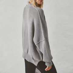 Grey Crew Neck Pullover Slit Knit Sweater