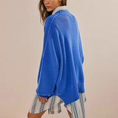 Blue Crew Neck Pullover Slit Knit Sweater