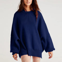 Dark Blue Crew Neck Pullover Slit Knit Sweater