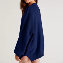 Dark Blue Crew Neck Pullover Slit Knit Sweater
