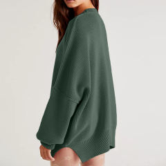 Dark Green Crew Neck Pullover Slit Knit Sweater