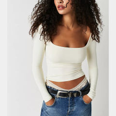 White Square Neck Long Sleeve Crop Tops