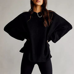 Black Crew Neck Pullover Slit Knit Sweater