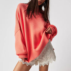 Orange Crew Neck Pullover Slit Knit Sweater