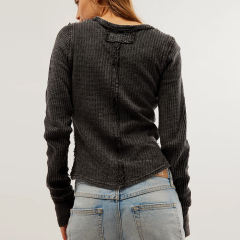 Black Solid Color Slim Fit Long Sleeve Tops