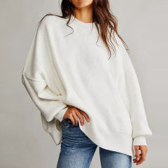White Crew Neck Pullover Slit Knit Sweater