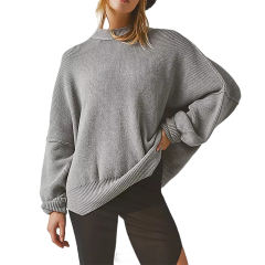 Grey Crew Neck Pullover Slit Knit Sweater