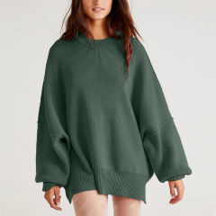 Dark Green Crew Neck Pullover Slit Knit Sweater