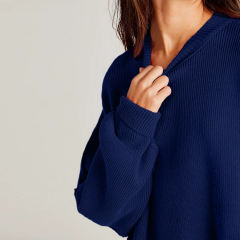 Dark Blue Crew Neck Pullover Slit Knit Sweater