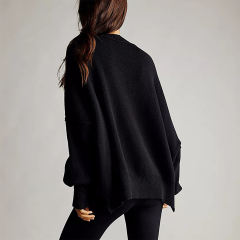 Black Crew Neck Pullover Slit Knit Sweater