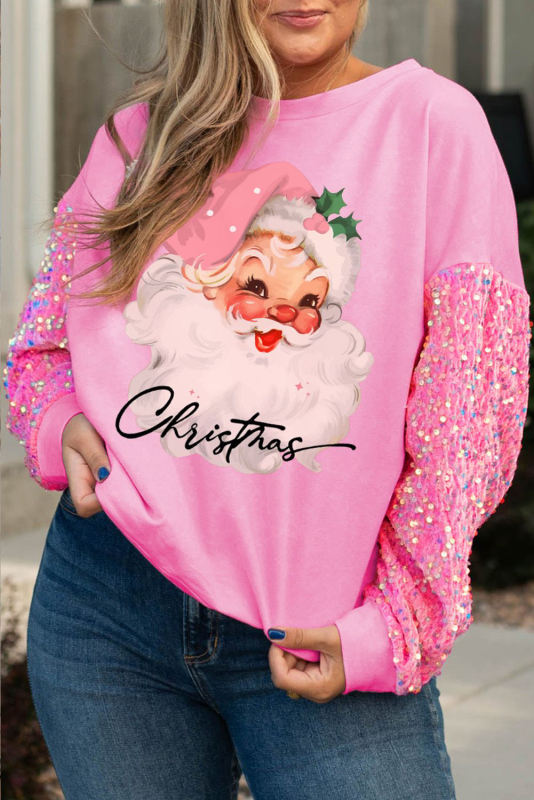 Pink Santa Claus Graphic Sequined Sleeve Plus Sweatshirt