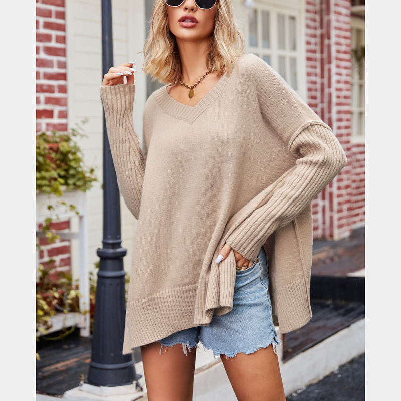 Khaki V Neck Knit Pullover Oversize Sweater