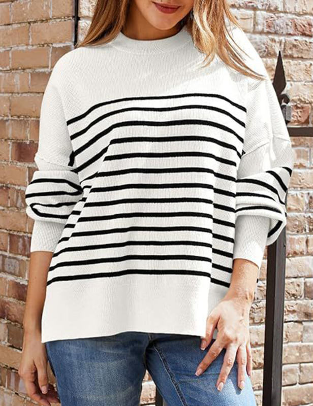 White Striped Round Neck Side Split Knit Sweater