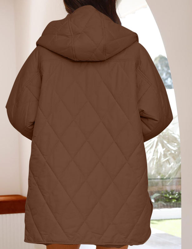 Brown Diamond Print Hooded Jacket with Pockets
