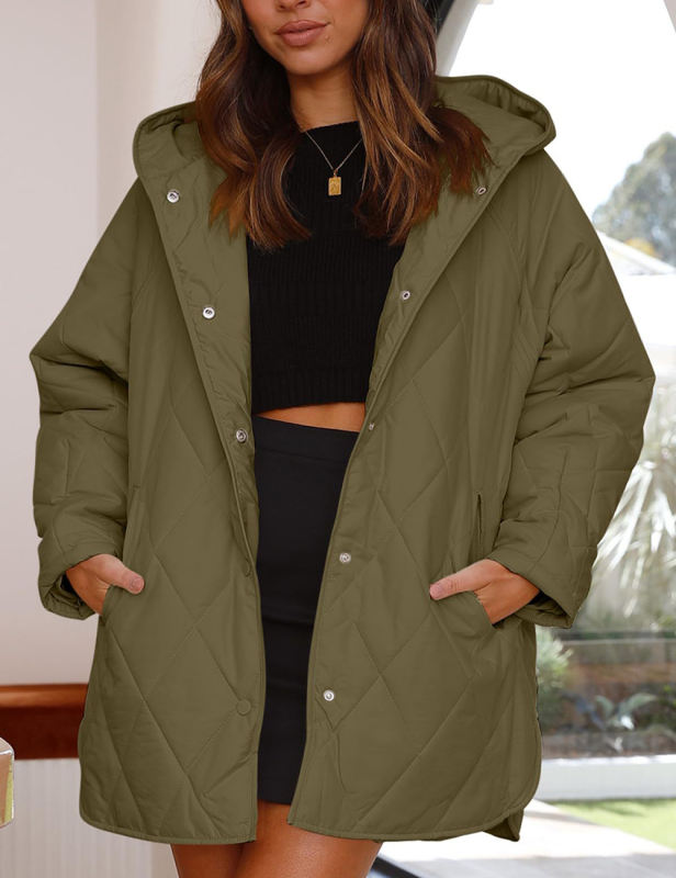 Army Green Diamond Print Hooded Jacket with Pockets
