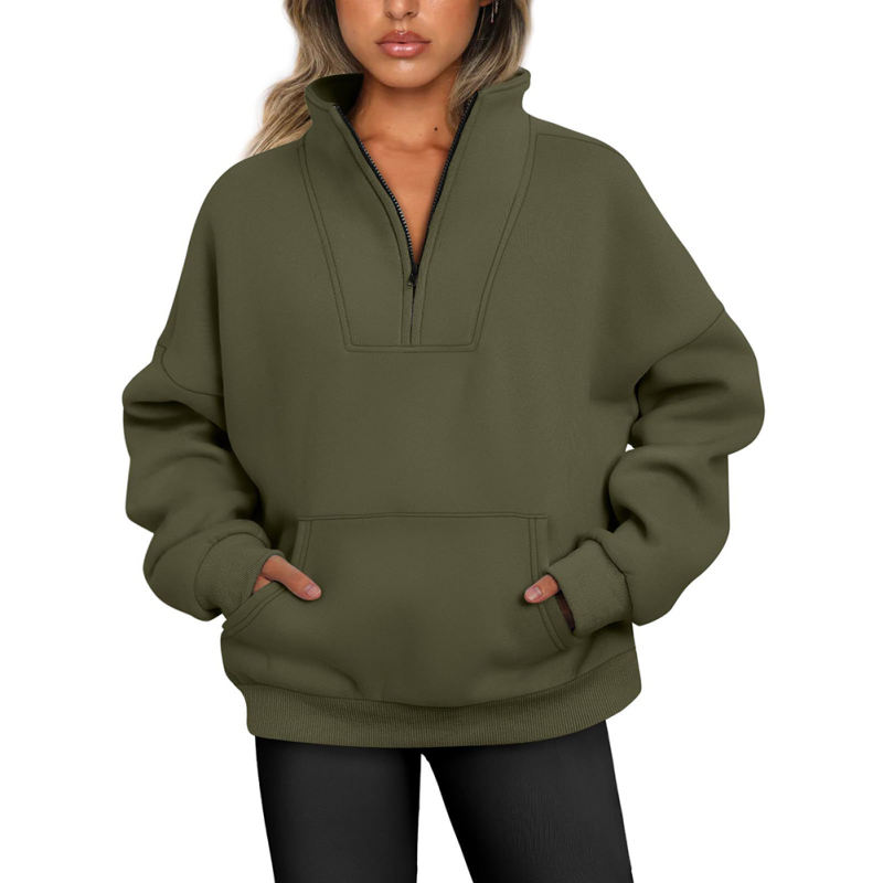 Army Green Zip-up Stand Collar Pocket Fleece Sweatshirt