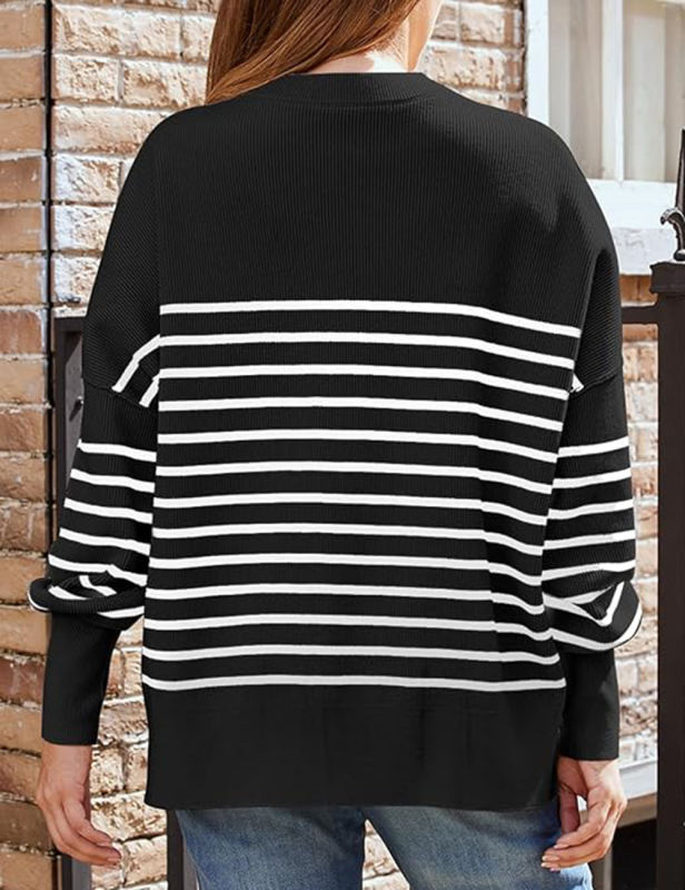 Black Striped Round Neck Side Split Knit Sweater