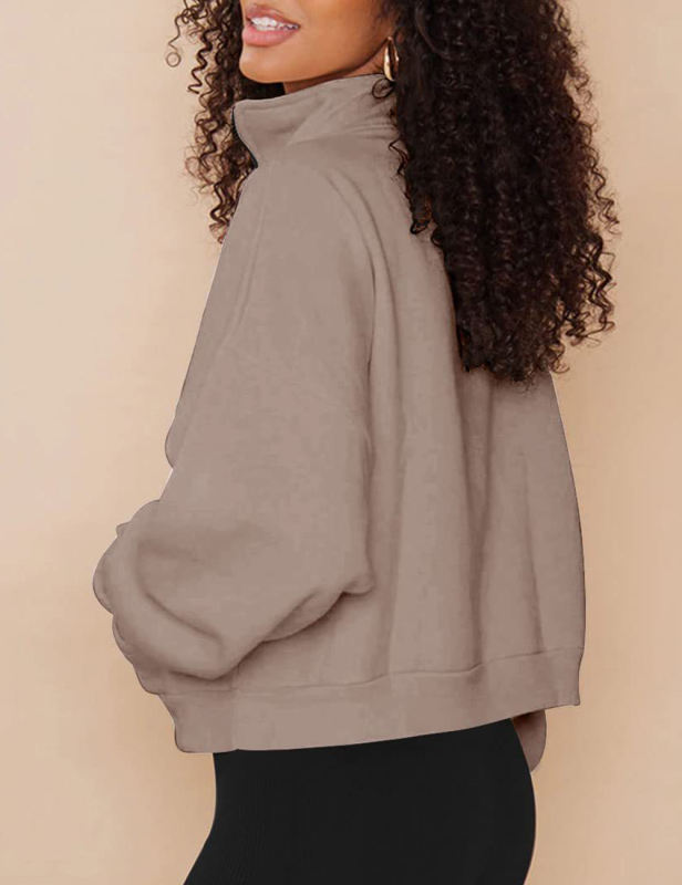Khaki Zip-up Stand Collar Pocket Fleece Sweatshirt