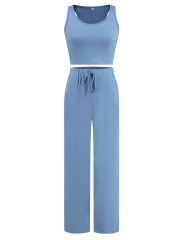 Blue 3pcs Cardigan, Vest and Wide Leg Pant Lounge Set