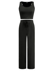 Black 3pcs Cardigan, Vest and Wide Leg Pant Lounge Set