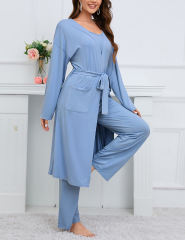 Blue 3pcs Cardigan, Vest and Wide Leg Pant Lounge Set