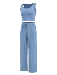 Blue 3pcs Cardigan, Vest and Wide Leg Pant Lounge Set