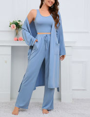 Blue 3pcs Cardigan, Vest and Wide Leg Pant Lounge Set