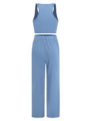 Blue 3pcs Cardigan, Vest and Wide Leg Pant Lounge Set